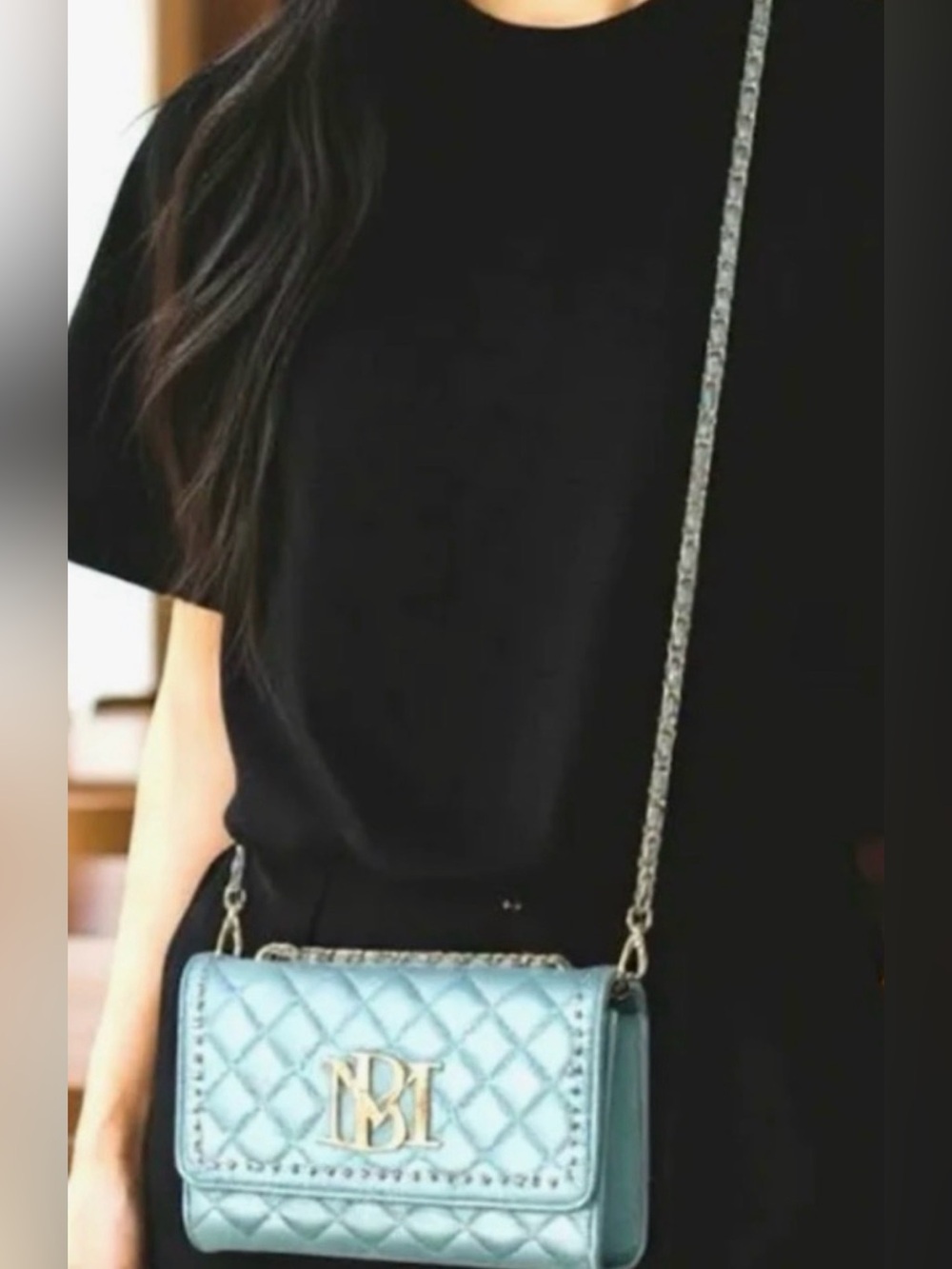 NWT Badgley Mischka Quilted Metal Blue Crossbody Bag with Chain Strap - Picture 6 of 6